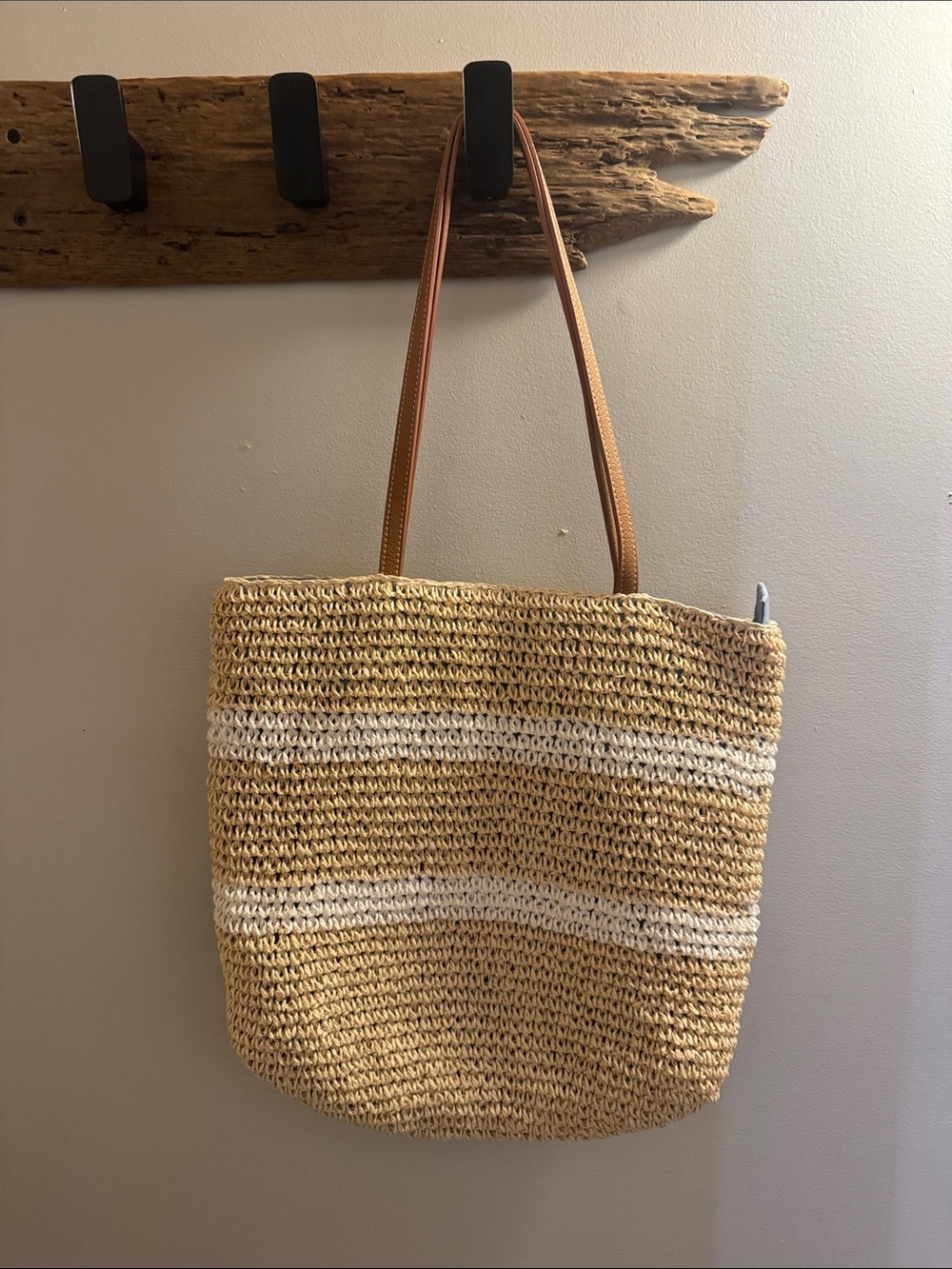 Talbots Woven Straw Tote Bag with White Stripes leather trim Beach Shoulder Bag
